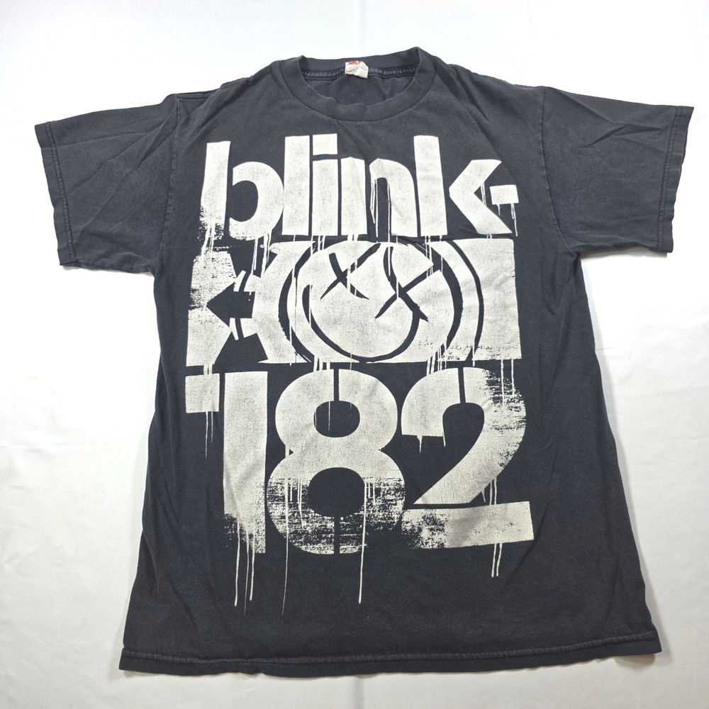 Y2K Blink-182 Graphic T-Shirt Black Smiley Face Logo Band Tee Small Pacific